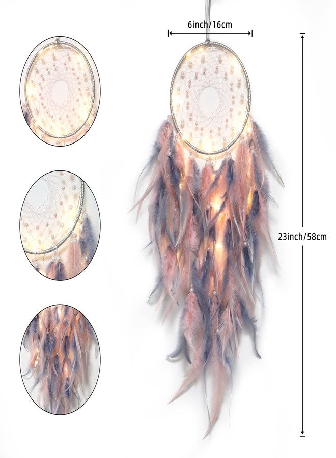 KHOYIME LED Dream Catcher Light Up Handmade Feather Dreamcatchers Boho Wall Hanging for Girls Kids Bedroom Bohemian Home Decor Wedding Ornament Craft Gift (Pink&Grey) - Image 3